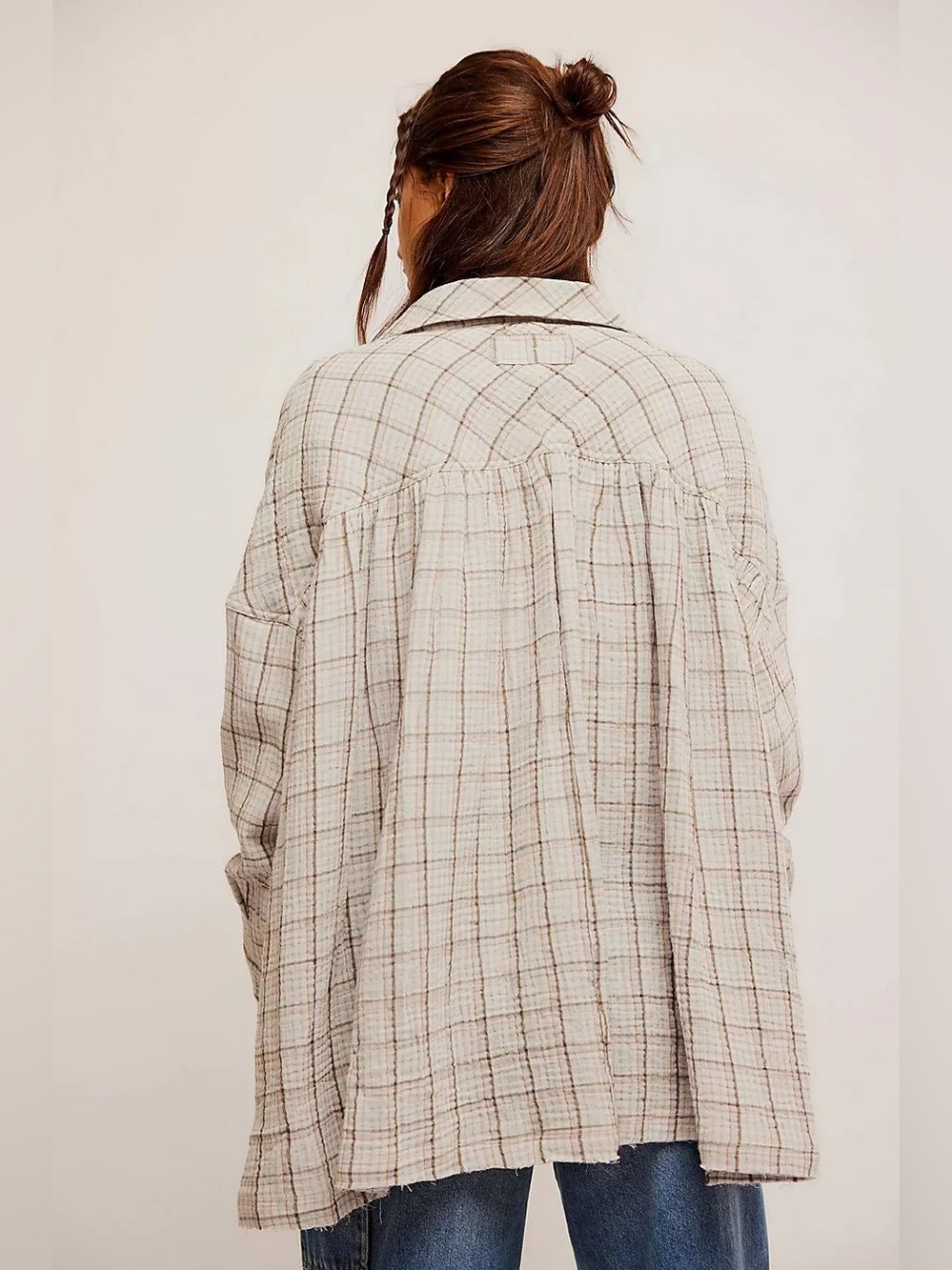 We The Free Cardiff Plaid Oversized Gauze Button Up Tunic Shirt Lilac Size Large - Picture 2 of 10
